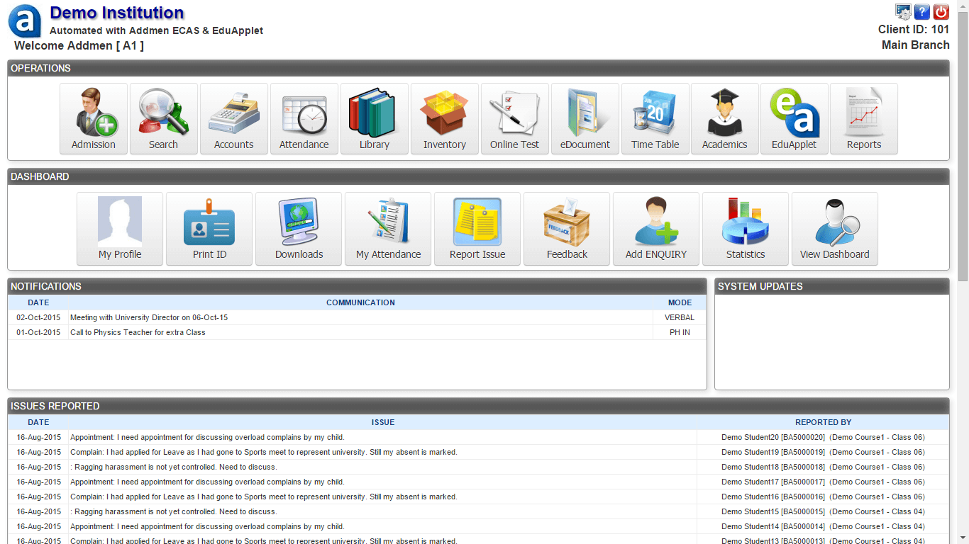 Administrator Dashboard in the Institute Management Software
