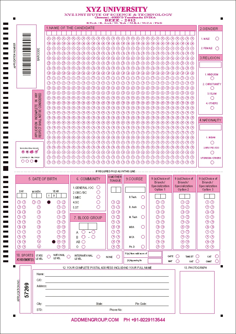 OMR Application Form Sample University