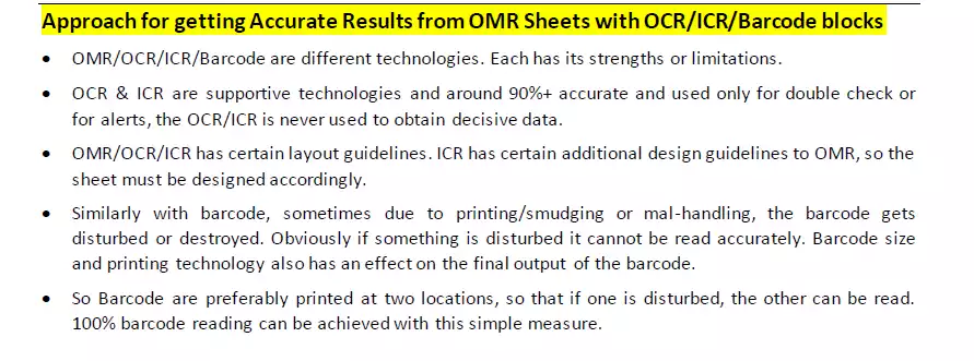 Approach for Getting Accurate Results from OMR Sheets with OCR/ICR/Barcode Blocks